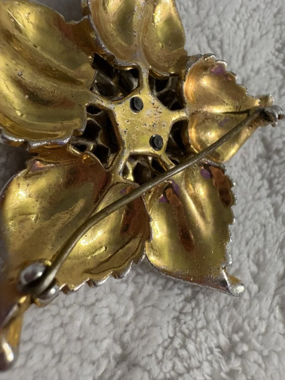 Vintage Mid Century Gold Tone Floral Brooch Green Marquise Rhinestone Flower Pin